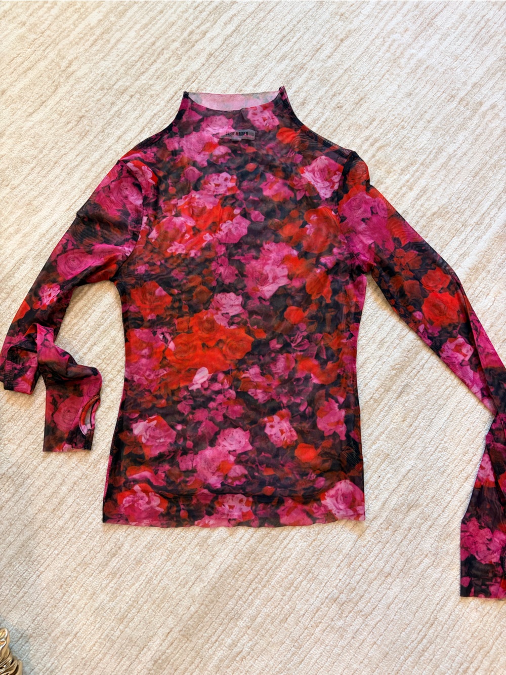Steve Madden Floral Long-Sleeve Sheer Top in Pink and Red